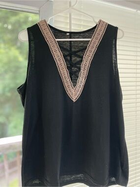 Sexy & Classic Black V-Neck Tank with Cream Lace Trim and Crisscross